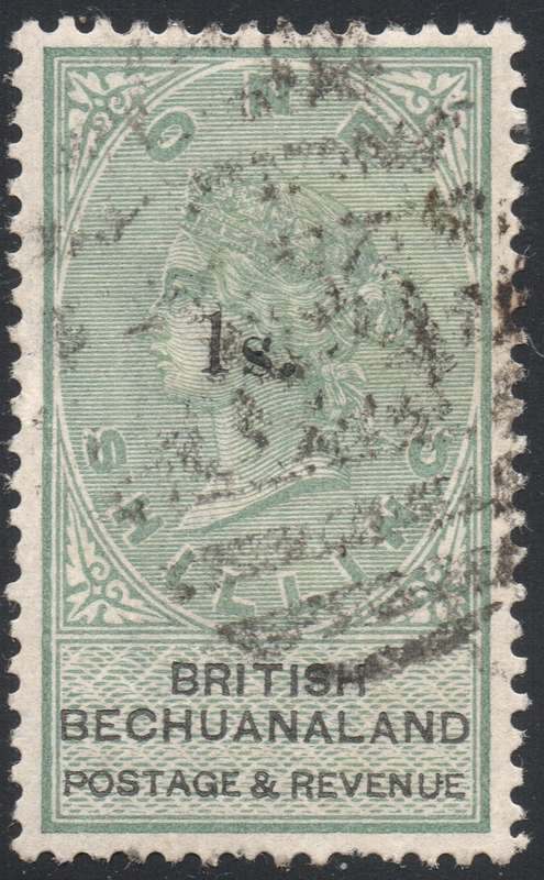 BRITISH BECHUANALAND 1888 SACC26 1/- ON 1/- GREEN & BLACK  VFU CV R3000