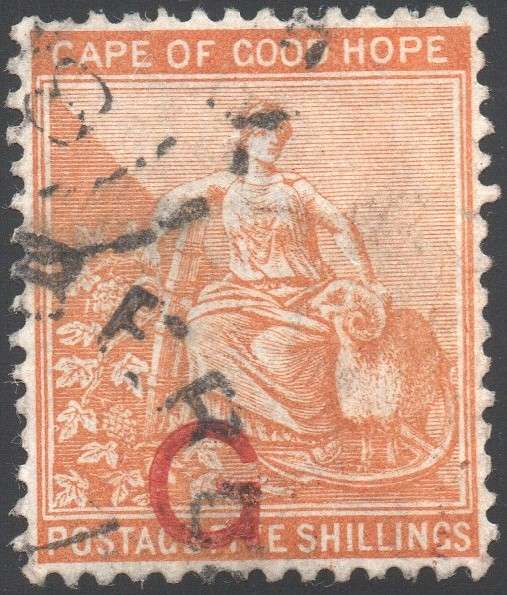 GRIQUALAND WEST 1877-8 SACC10f 5/- YELLOWISH-ORANGE, O/P TYPE6  IN RED - VFU - CV R1700