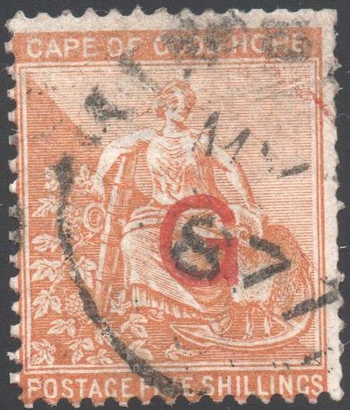 GRIQUALAND WEST 1877-8 SACC10f 5/- YELLOWISH-ORANGE, O/P TYPE6  IN RED - VFU - CV R1700