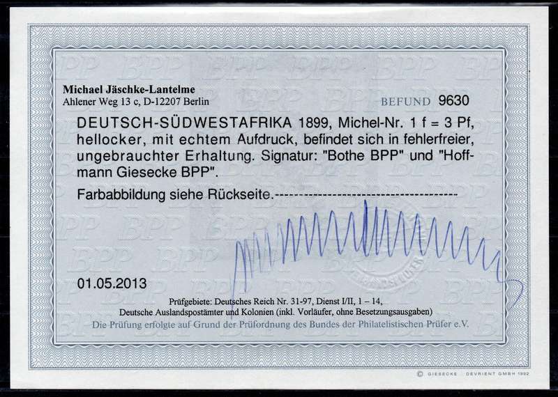 GERMAN SWA 1898 SACC7d 3Pfg LIGHT OCHRE - MM WITH CERTIFICATE - CV R23000