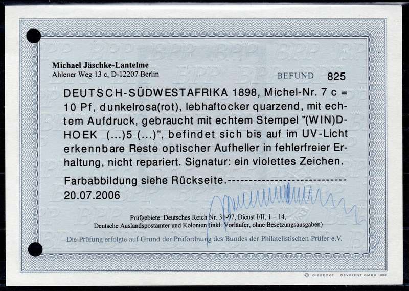 GERMAN SWA 1898 SACC9b 10Pfg DARK PINKISH RED - VFU WITH CERTIFICATE - CV R6500