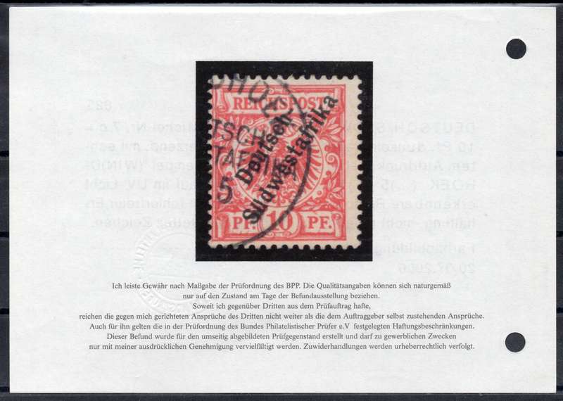 GERMAN SWA 1898 SACC9b 10Pfg DARK PINKISH RED - VFU WITH CERTIFICATE - CV R6500