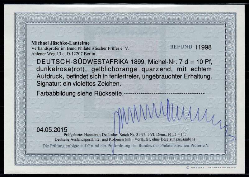 GERMAN SWA 1898 SACC9a 10Pfg VERMILLION RED - MM WITH CERTIFICATE - CV R4500