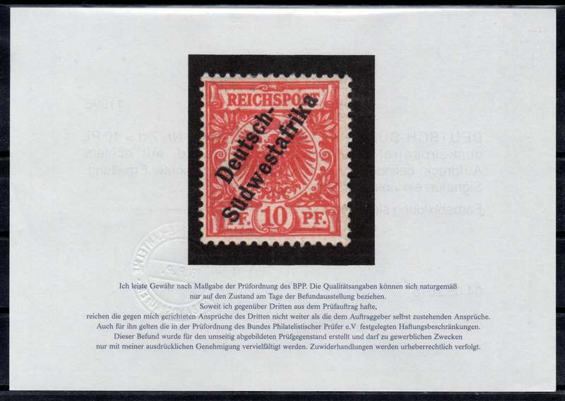 GERMAN SWA 1898 SACC9a 10Pfg VERMILLION RED - MM WITH CERTIFICATE - CV R4500