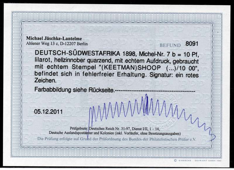 GERMAN SWA 1898 SACC9a 10Pfg VERMILLION RED - VFU WITH CERTIFICATE - CV R6000