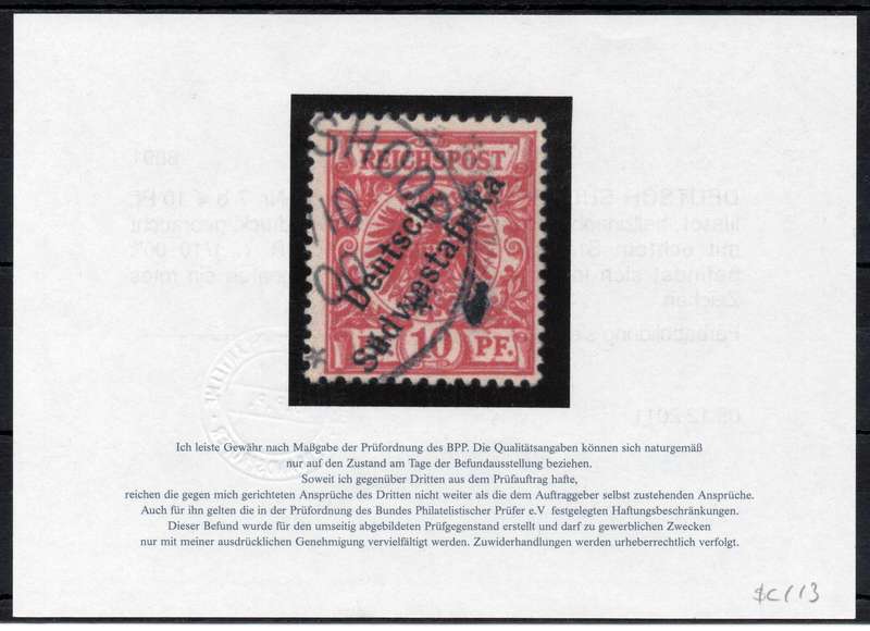 GERMAN SWA 1898 SACC9a 10Pfg VERMILLION RED - VFU WITH CERTIFICATE - CV R6000
