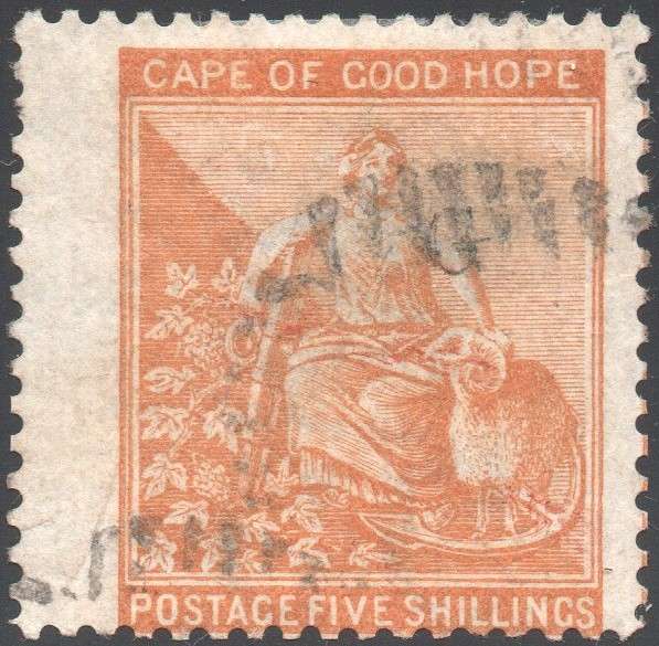 GRIQUALAND WEST 1879 SACC24 5/- YELLOW-ORANGE, O/P TYPE17 IN RED - VFU