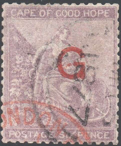 GRIQUALAND WEST 1877-8 SACC8f 6dDEEP LILAC, O/P TYPE6 IN RED - FINE USED