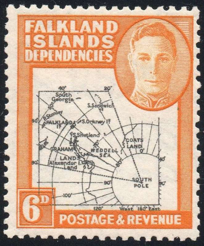 FALKLAND ISLANDS DEPENDANCIES 1946-9 SG G6b - 6d BLACK & ORANGE WITH MISSING ''I'' - UM - CV £250