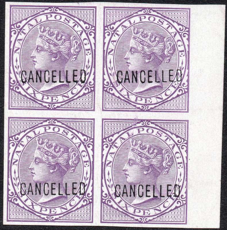 NATAL SACC74 6d LILAC IMPERF MARGINAL  BO4 OVERPRINTED ''CANCELLED''