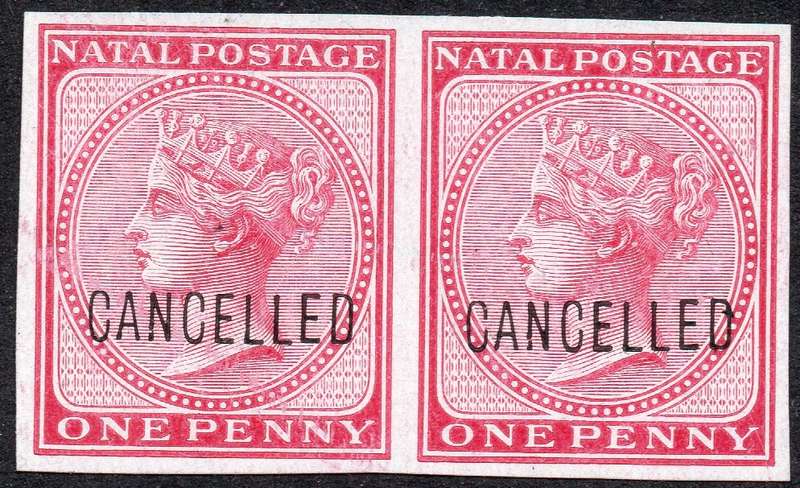 NATAL SACC71 1d  ROSE-CARMINE IMPERF PAIR OVERPRINTED ''CANCELLED''