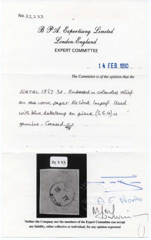 NATAL 1857-61 SACC4 : 3d EMBOSSED ON ROSE PAPER ON PIECE - VFU - CERTIFICATE - CV R13000