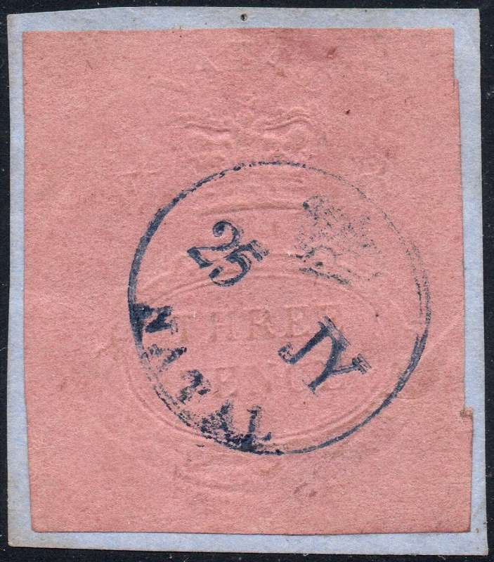 NATAL 1857-61 SACC4 : 3d EMBOSSED ON ROSE PAPER ON PIECE - VFU - CERTIFICATE - CV R13000
