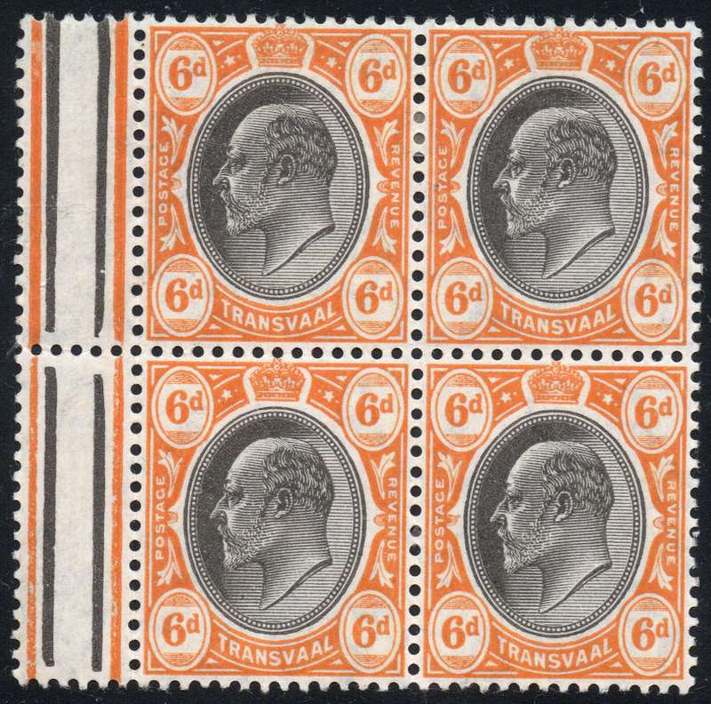 TRANSVAAL 1905 SACC272 6d BLACK & ORANGE WM MULTIPLE CROWN CA MARGINAL BO4 MM/UM CV R2500
