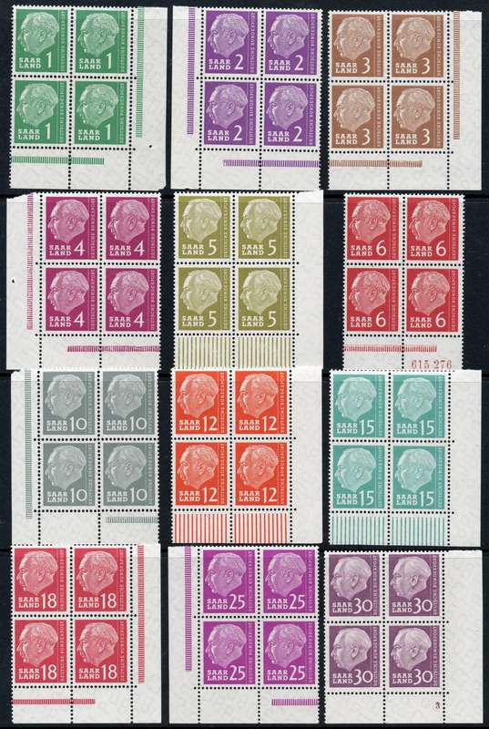 GERMANY (SAARLAND) - SET OF 20 IN UNMOUNTED MINT MARGINAL BLOCKS OF 4 (80 STAMPS) - SEE ALL SCANS
