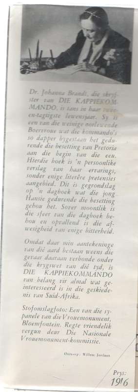 DIE KAPPIEKOMMANDO - JOHANNA BRANDT (1 STE AFRIKAANSE UITGAWE 1958) ANGLO-BOEREOORLOG