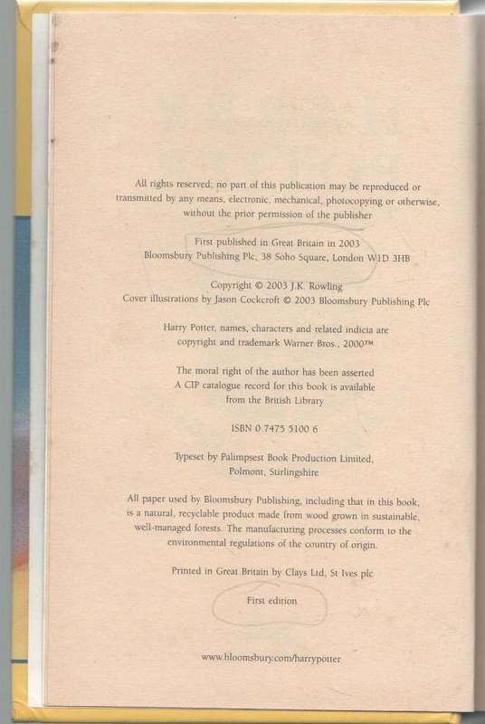 HARRY POTTER AND THE ORDER OF THE PHOENIX - J K ROWLING (1 ST PUBLISHED 2003)