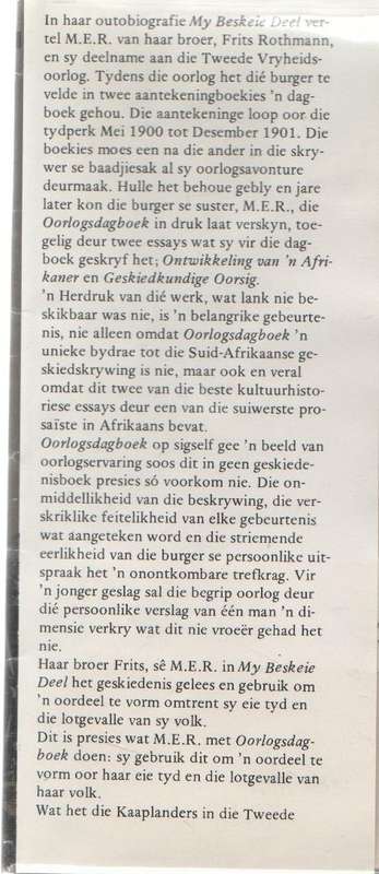 OORLOGS-DAGBOEK VAN 'N TRANSVAALSE BURGER TE VELDE 1900-1901 - M.E.R.(1976) BOEREOORLOG