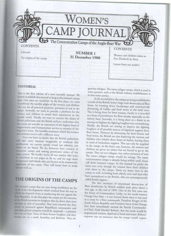 WOMEN'S CAMP JOURNAL, THE CONCENTRATION CAMPS OF TTHE ANGLO-BOER WAR - JACKIE & MARELIZE GROBLER