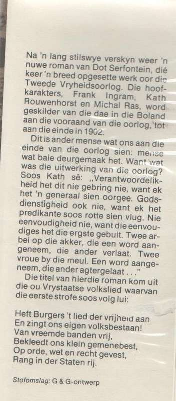 RANG IN DER STATEN RIJ - DOT SERFONTEIN (1 STE UITGAWE 1979) BOEREOORLOGVERHAAL