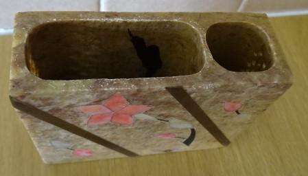 PEN STAND AND VISITING CARD HOLDER MADE OF POSSIBLY SANDSTONE WITH MOTHER OF PEARL INLAY
