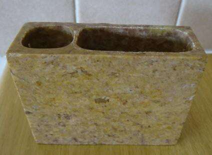 PEN STAND AND VISITING CARD HOLDER MADE OF POSSIBLY SANDSTONE WITH MOTHER OF PEARL INLAY