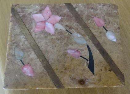 PEN STAND AND VISITING CARD HOLDER MADE OF POSSIBLY SANDSTONE WITH MOTHER OF PEARL INLAY