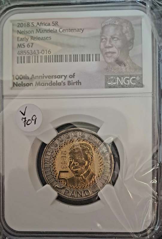 2018 MS67 Mandela Centenary 5 Rand Coin