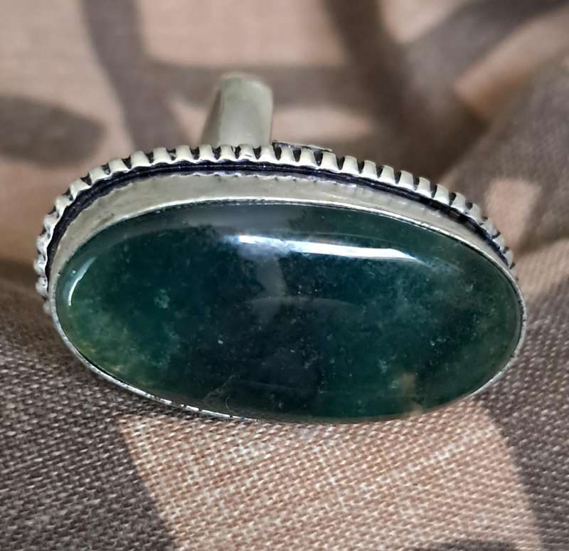 Natural Stone Adjustable Silver Plated Ring Oval Green