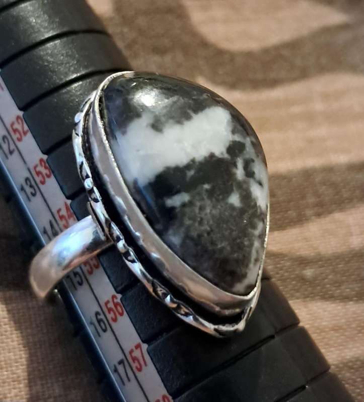 Natural Stone Adjustable Silver Plated Ring Black