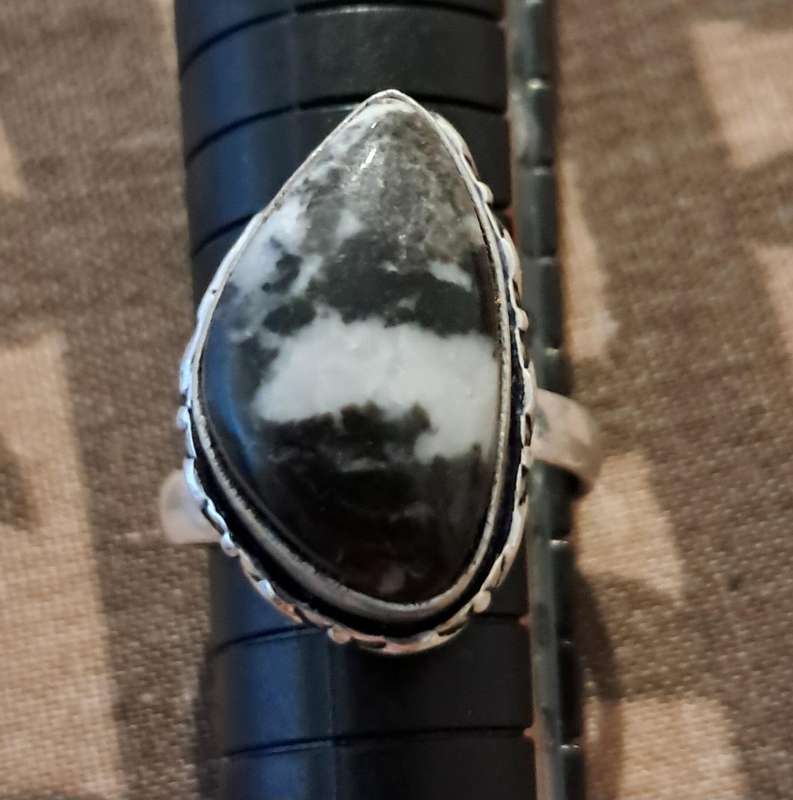 Natural Stone Adjustable Silver Plated Ring Black