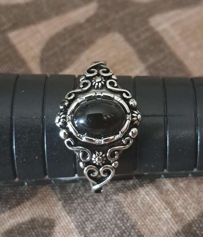Silver Plated Bohemian Style Black Agate Size 8