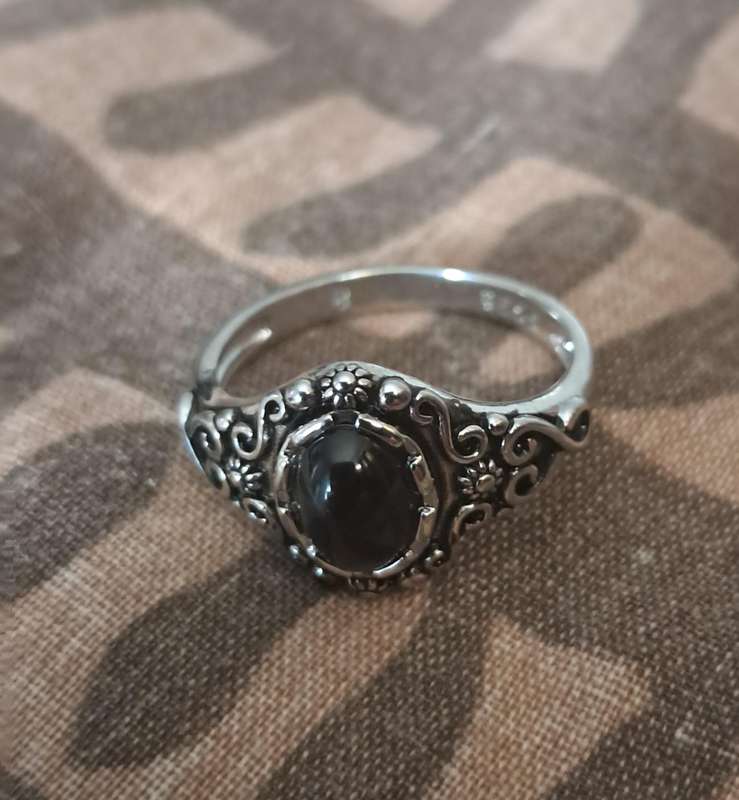 Silver Plated Bohemian Style Black Agate Size 8