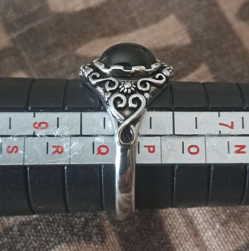 Silver Plated Bohemian Style Black Agate Size 8