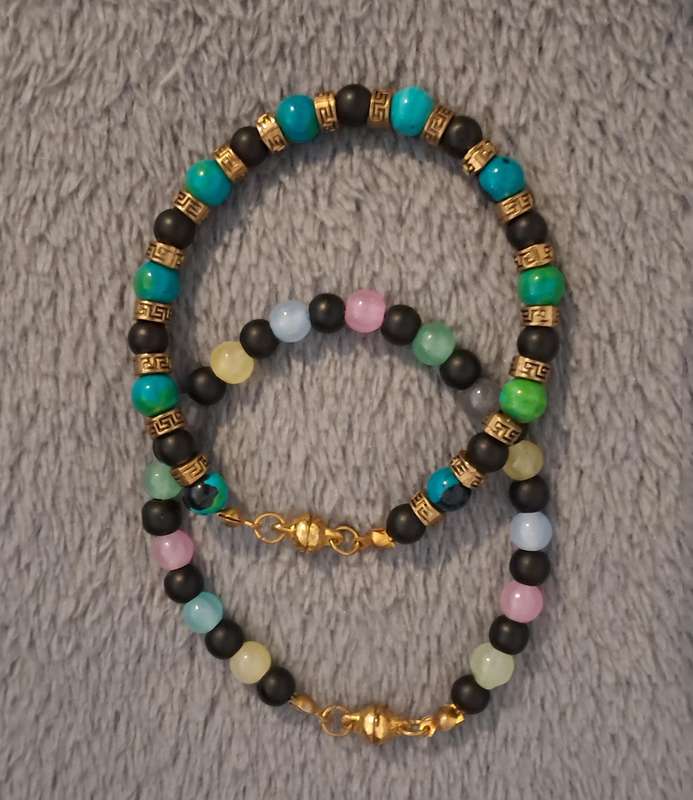 Handmade Stone and Metal Beads Bracelets Set Magnetic Clasps