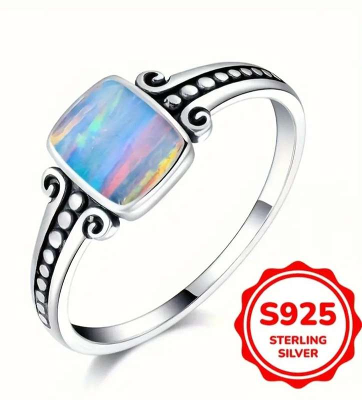 Sterling Silver Synthetic Opel Ring Size 7