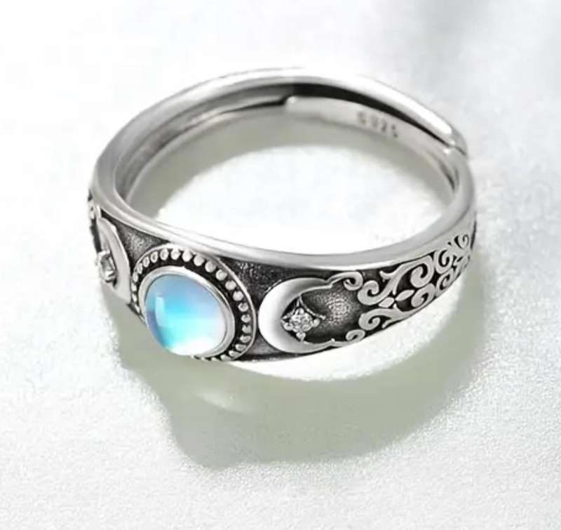 Moonstone and Synthetic Zirconia Sterling Silver Adjustable Ring