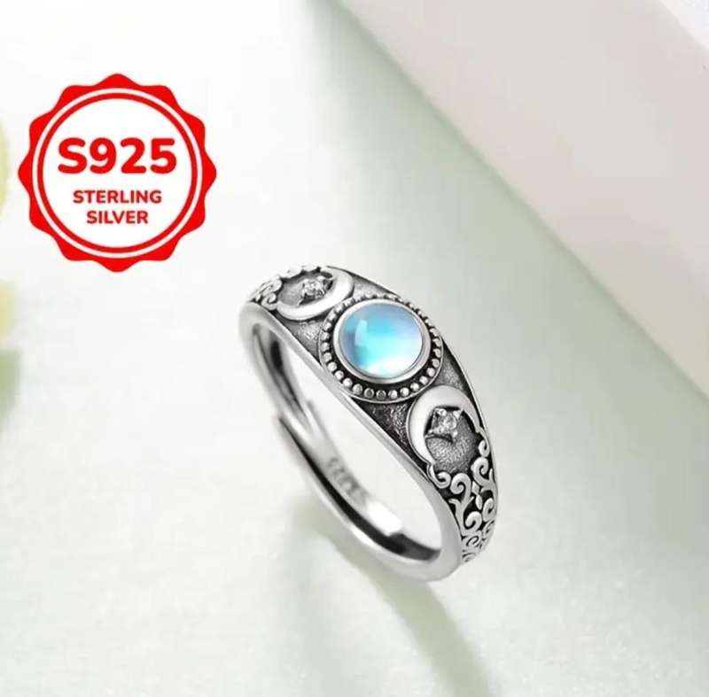Moonstone and Synthetic Zirconia Sterling Silver Adjustable Ring
