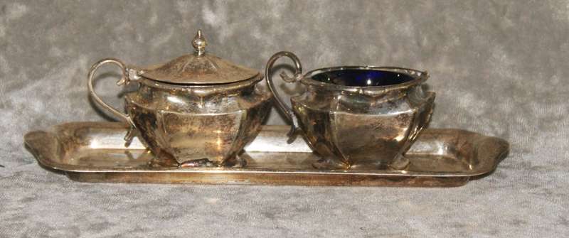 Vintage President Plate EPNS cruet set with original blue glass inserts