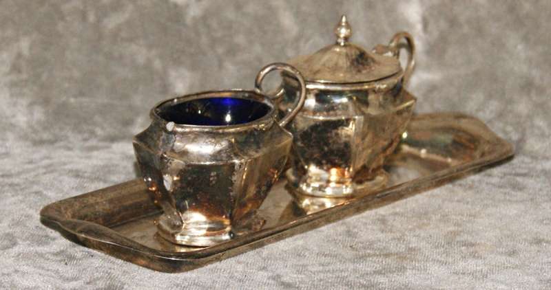 Vintage President Plate EPNS cruet set with original blue glass inserts