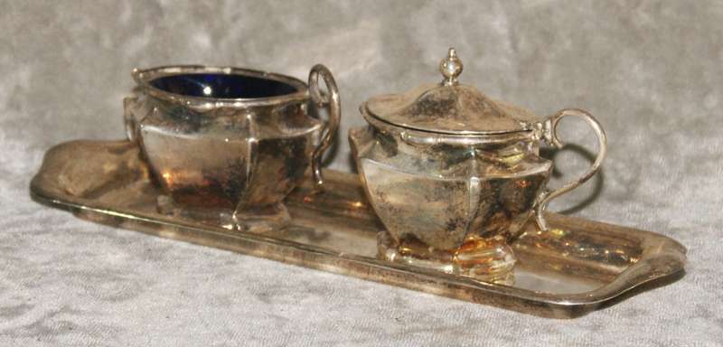 Vintage President Plate EPNS cruet set with original blue glass inserts