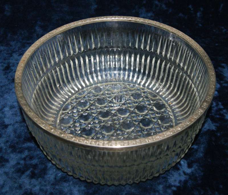 Vintage pressed glass serving bowl with silver plated edge