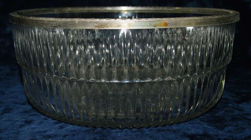 Vintage pressed glass serving bowl with silver plated edge