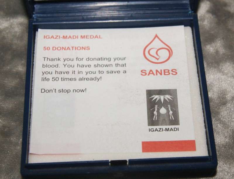 South African national blood service 50 blood donations medal
