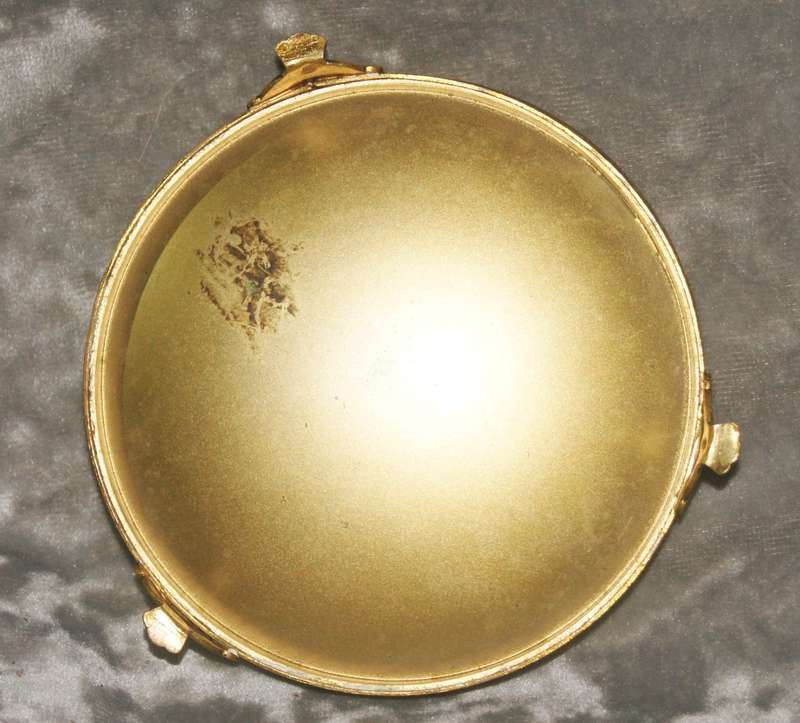 Brass footed pin dish with needlepoint under concave glass