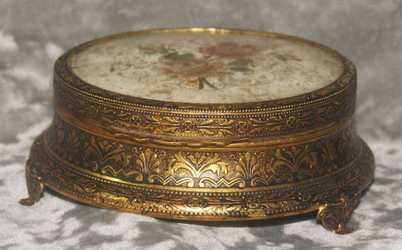 Brass footed high relief trinket box with needlepoint on lid