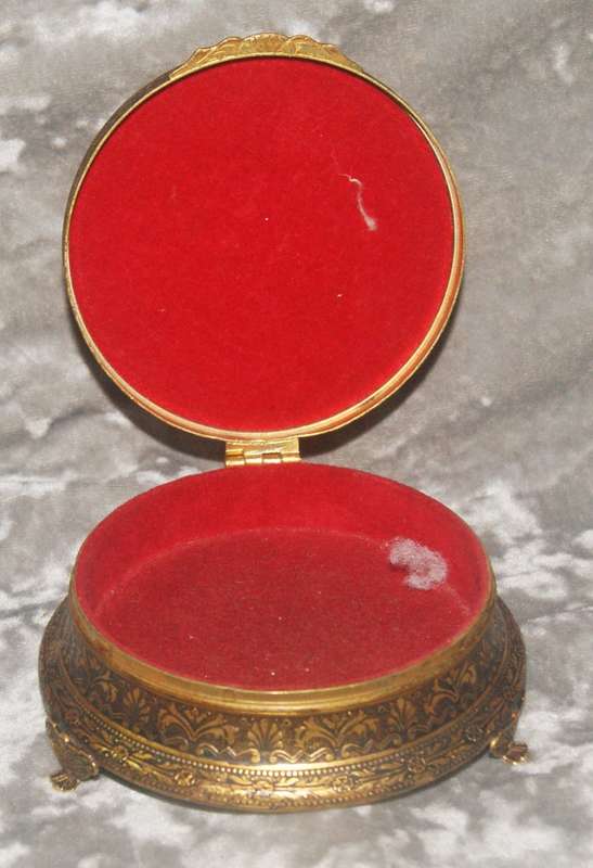 Brass footed high relief trinket box with needlepoint on lid