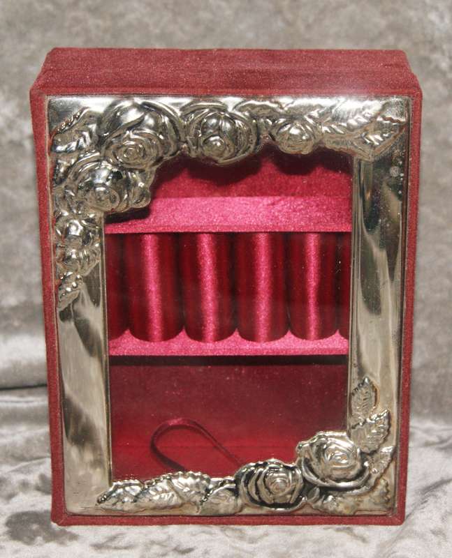 Velvet covered jewellery box with silver plate and glass lid