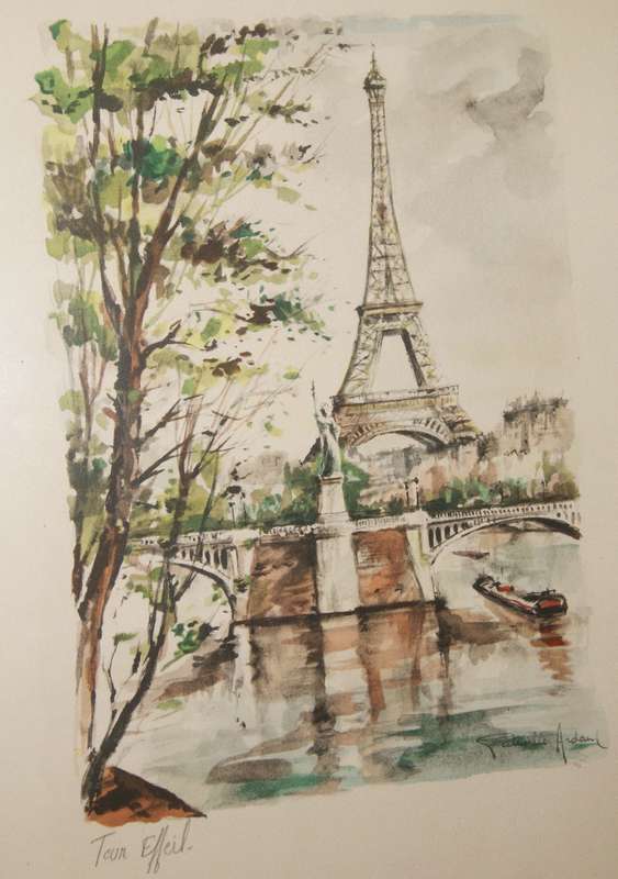 Watercolour on paper Eiffel Tower by Gabrielle Ardant signed