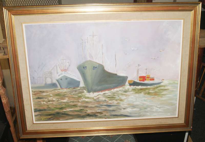 Harbor scene oil on board by Cliff Crompton 1976 signed